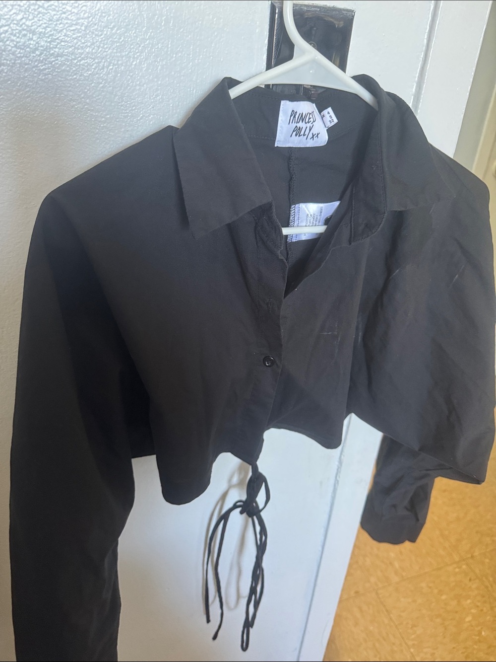 Princess Polly Black Cropped Drawstring Button-Up Shirt